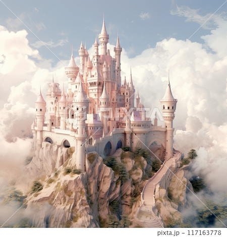 Pink Castle in Clouds with Green Hills Blue Sky, Digital Illustration Pink Castle in Clouds with Green Hills Blue Sky, Digital Illustration 117163778