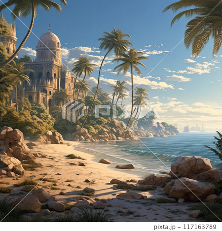 Tranquil Tropical Beach with Luxurious Palace in the Distance, Perfect for Travel and Tourism 117163789