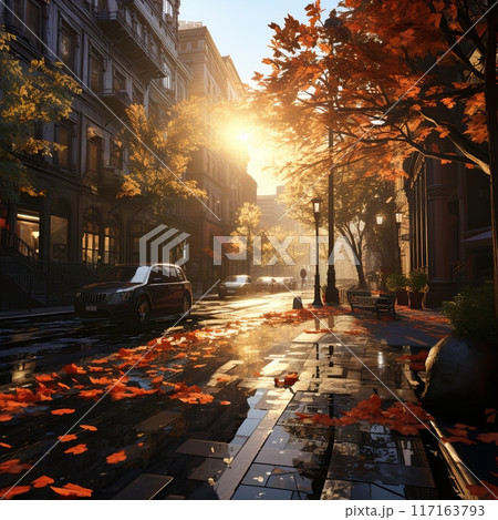 City street in fall with fallen leaves, wet pavement, and reflections in puddles 117163793