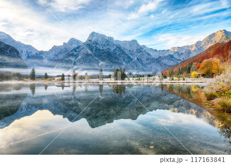 Captivating autumn scene of foggy and sunny morning on Almsee lake. Captivating autumn scene of foggy and sunny morning on Almsee lake. 117163841