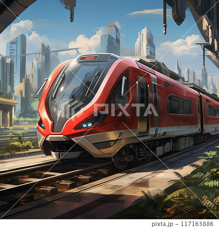 Red and white high-speed train passing through a lush green forest 117163886