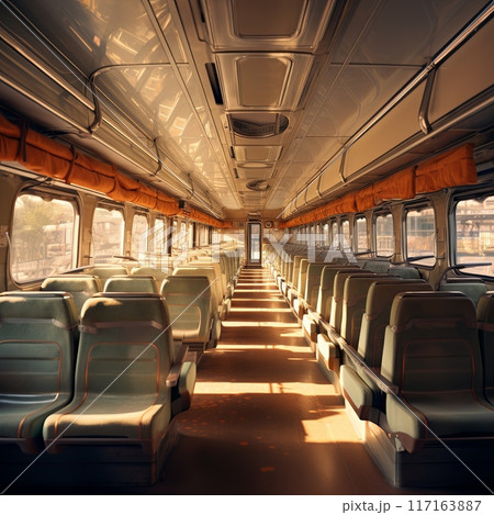 Spacious and modern empty train interior with rows of comfortable seats and large panoramic windows 117163887