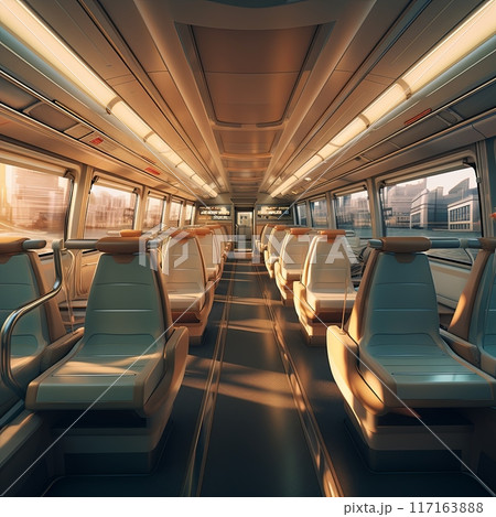 Spacious and modern empty train interior with rows of comfortable seats and large panoramic windows 117163888