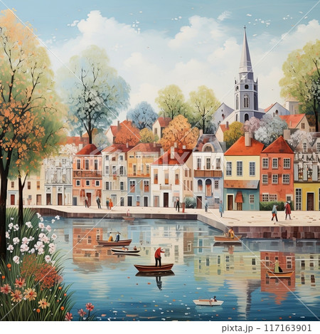 Vibrant Cityscape with Canal, Colorful Buildings, People, and Majestic Cathedral in Realistic Style 117163901