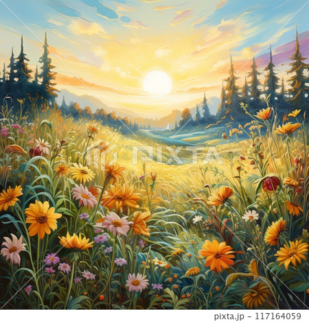 Picturesque rural landscape with blooming flowers and setting sun in the background 117164059