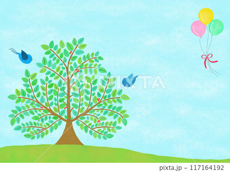 丘の上の大きな木と青い鳥のイラスト 117164192