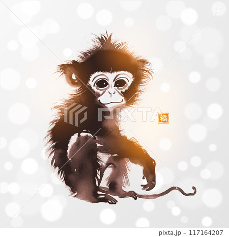 Ink wash painting of baby monkey on white shimmering background. Traditional oriental ink painting sumi-e, u-sin, go-hua. Hieroglyph - good luck Ink wash painting of baby monkey on white shimmering background. Traditional oriental ink painting sumi-e, u-sin, go-hua. Hieroglyph - good luck 117164207