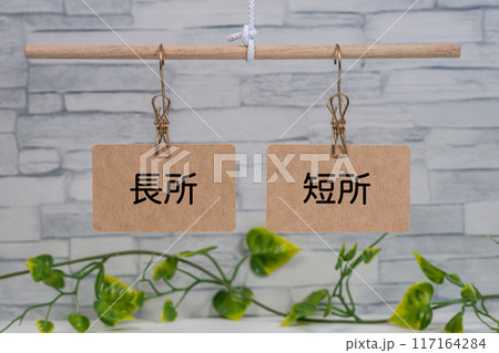 天秤に吊るされた長所と短所のカード 117164284