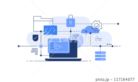 Laptop with globe,Computer and internet connection,Simple flat line art illustration 117164877