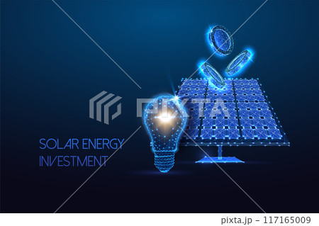 Solar investment and green finance concept with solar panel, lightbulb and coins on blue background 117165009