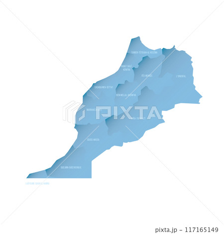 Morocco political map of administrative divisions - regions. Shaded vector map with 3D-like blue gradient and name labels 117165149