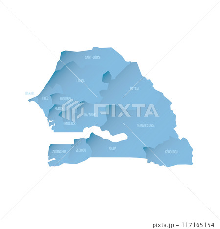Senegal political map of administrative divisions - regions. Shaded vector map with 3D-like blue gradient and name labels 117165154