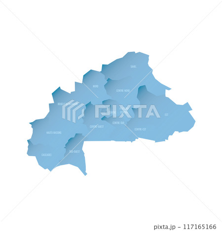 Burkina Faso political map of administrative divisions - regions. Shaded vector map with 3D-like blue gradient and name labels 117165166