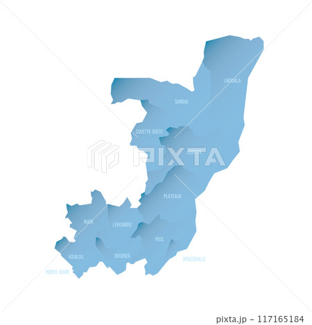 Republic of the Congo political map of administrative divisions - departments. Shaded vector map with 3D-like blue gradient and name labels 117165184