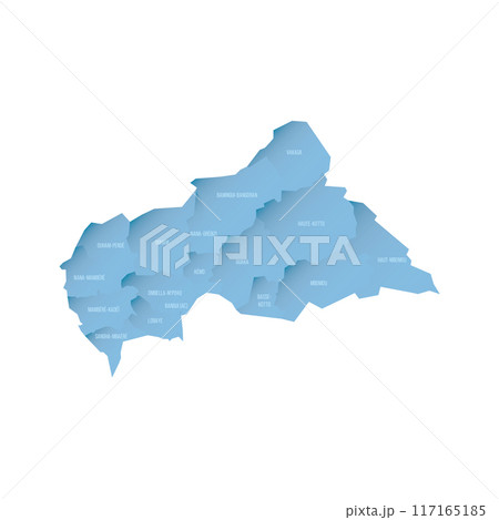 Central African Republic political map of administrative divisions - prefectures and autonomous commune Bangui. Shaded vector map with 3D-like blue gradient and name labels 117165185