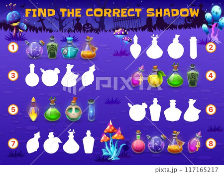 Find the correct shadow of Halloween magic potion bottles. Shadow match children game, similarity search kids quiz vector worksheet with magic potion flasks or bottles on night cemetery background 117165217