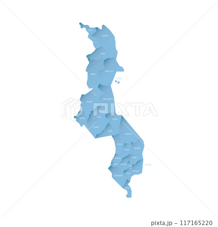 Malawi political map of administrative divisions - districts. Shaded vector map with 3D-like blue gradient and name labels Malawi political map of administrative divisions - districts. Shaded vector map with 3D-like blue gradient and name labels 117165220
