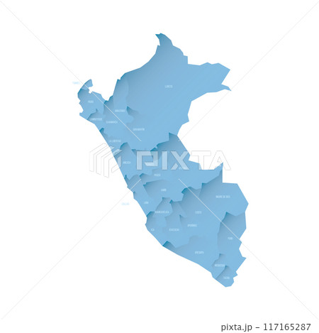 Peru political map of administrative divisions - departments. Shaded vector map with 3D-like blue gradient and name labels 117165287