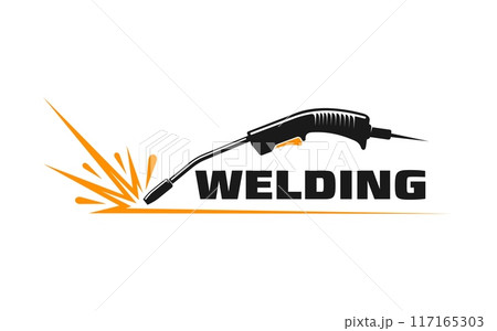 Weld icon, Welder tool with sparks. Isolated vector emblem with stylized welding torch in action, emitting a bright, dynamic spray of sparks, symbolizing the process of industrial metal work service 117165303