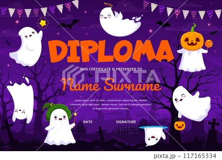 Halloween kids diploma with cute kawaii ghost characters on cemetery, vector certificate. Education diploma or graduation award with cartoon boo ghosts in witch pumpkin mask with magic wand and bats Halloween kids diploma with cute kawaii ghost characters on cemetery, vector certificate. Education diploma or graduation award with cartoon boo ghosts in witch pumpkin mask with magic wand and bats 117165334