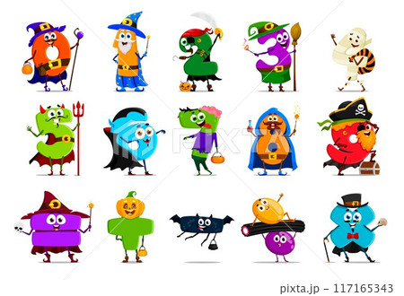 Cartoon Halloween numbers and digits characters in holiday costumes. Vector personages of horror monsters numbers, scary witch, zombie and vampire, pumpkin, bat, mummy and devil, candy, wizard digits Cartoon Halloween numbers and digits characters in holiday costumes. Vector personages of horror monsters numbers, scary witch, zombie and vampire, pumpkin, bat, mummy and devil, candy, wizard digits 117165343