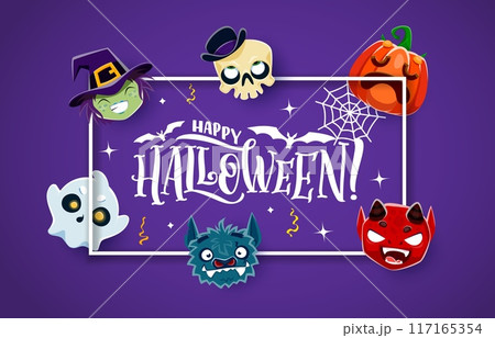 Halloween banner with funny cartoon emoji holiday characters. Devil, skull and bat, ghost, pumpkin and witch kawaii playful faces. Vector greeting card with cute funny spooky emoticon personages 117165354