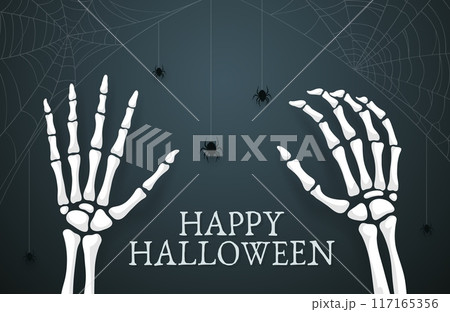 Halloween skeleton hands with spiders and cobweb vector banner of horror holiday trick or treat party. Scary bone arms of Halloween monster, white silhouette of human skeleton hands on dark background Halloween skeleton hands with spiders and cobweb vector banner of horror holiday trick or treat party. Scary bone arms of Halloween monster, white silhouette of human skeleton hands on dark background 117165356