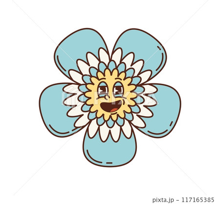 Cartoon retro groovy flower, 70s hippie and funky comic vector symbol. Groovy hippie flower with trippy face or psychedelic hypnotic smile, blue flower of disco or rave and hipster pop art graphic Cartoon retro groovy flower, 70s hippie and funky comic vector symbol. Groovy hippie flower with trippy face or psychedelic hypnotic smile, blue flower of disco or rave and hipster pop art graphic 117165385