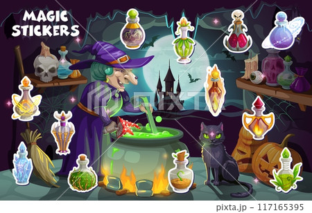 Halloween witch and magic potion bottle stickers pack. Vector whimsical patches featuring an old hag stirring a cauldron surrounded by various potion bottles, crystals, a broom, and black spooky cat 117165395