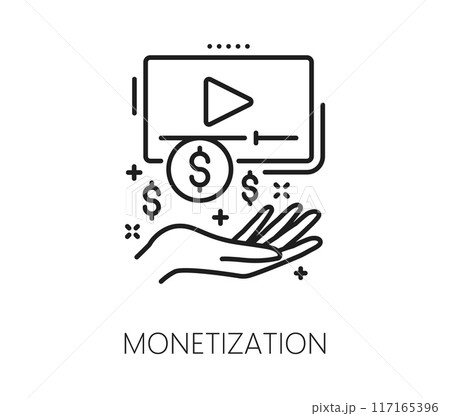 Monetization, blogging line icon, social media and multimedia content creation. Isolated monochrome vector sign, features computer screen with play button and hand holding dollar currency coins 117165396