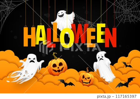 Halloween paper cut clouds, flying ghosts and spider cobweb, cartoon horror pumpkins and origami bats, vector trick or treat holiday banner. Scary white ghosts characters with 3d paper cut border 117165397