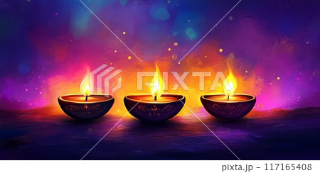 Colorful bokeh banner with traditional oil lamps and flowers 117165408