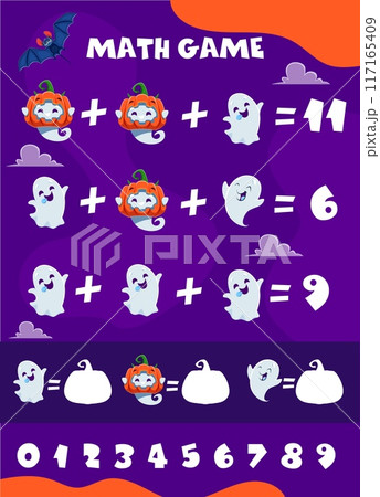 Math game worksheet. Cute Halloween kawaii ghosts characters and numbers equation vector puzzle. Kids education logic quiz game with cartoon Halloween holiday ghost personages, pumpkins and bats 117165409