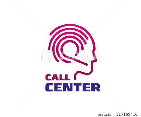 Call center, customer support service symbol of the assistant head profile with a headset in linear style. Isolated vector hotline help service emblem, communication and live interaction with clients 117165410
