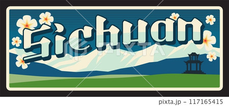 Sichuan Chinese province, Szechuan or Szechwan territory of CPR. Vector travel plate, vintage sign, retro postcard design. Old plaque with mountains landscape, flowers and Asian temple Sichuan Chinese province, Szechuan or Szechwan territory of CPR. Vector travel plate, vintage sign, retro postcard design. Old plaque with mountains landscape, flowers and Asian temple 117165415