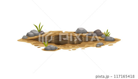 Ground hole, deep dirty pit and burrow in earth, cartoon vector underground dig. Hole in soil or pit hollow and underground burrow of groundhog or mole in soil with grass and dirty stones on edges 117165418