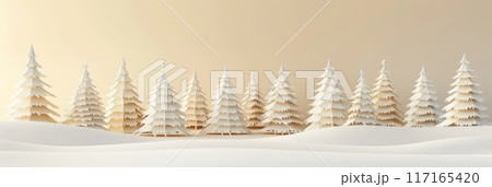 Winter landscape with snow drifts and snowy fir trees 117165420