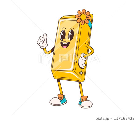 Cartoon retro groovy gold bar character. Isolated vector gleaming, anthropomorphic golden ingot personage with cheerful face, sparkling eyes and radiant smile, embodying wealth, prosperity and fortune 117165438