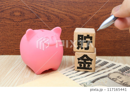 豚の貯金箱と”貯金”の文字 117165441