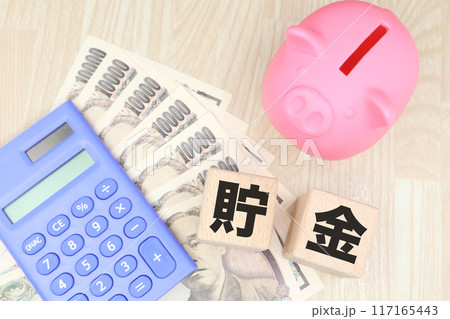 豚の貯金箱と”貯金”の文字 117165443