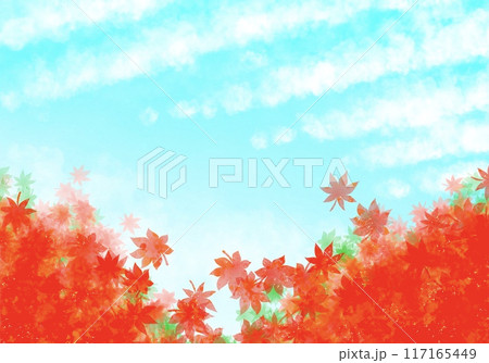 鮮やかな紅葉と秋の空の水彩イラスト 117165449