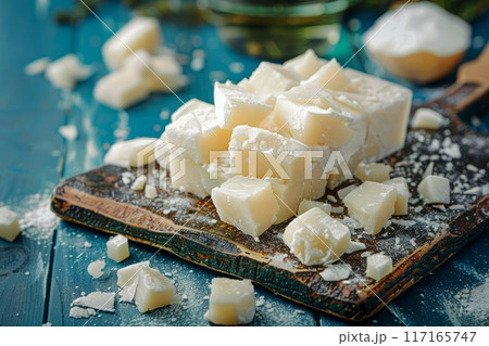 Hard cheese cut into cubes lies on a cutting board 117165747