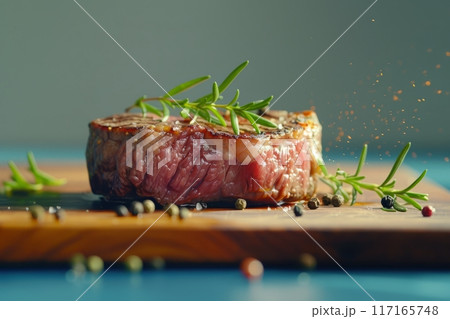Delicious Beef Steak Seasoned With Fresh Herbs on Wooden Cutting Board in a Bright Kitchen 117165748