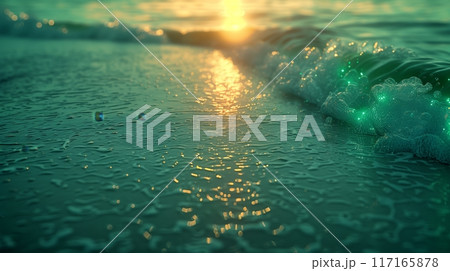 Emerald green water flows on the beach. 117165878