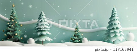 Winter landscape with snow drifts and snowy fir trees 117165941