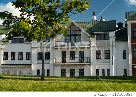 White, old house with a green roof, green field, green tree 117166358