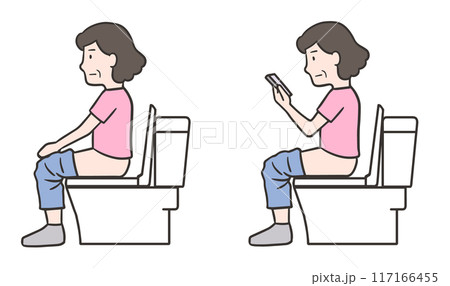 トイレに座る女性とトイレでスマホを見る中年女性のセットイラスト トイレに座る女性とトイレでスマホを見る中年女性のセットイラスト 117166455
