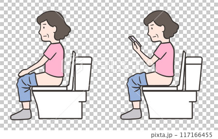 Set illustration of a woman sitting on the toilet and a middle-aged woman looking at her smartphone in the toilet 117166455
