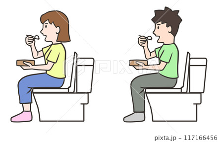 便所飯、トイレで弁当を食べる女性と男性 117166456