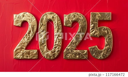 Gold number 2025 on a red background. Gold number 2025 on a red background. 117166472